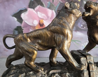 Antique Bronze Bookends - "Roar Of The Tiger" Ronson Pair of Statues 1920s