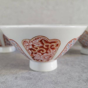 Vintage Asian Rice Bowls Set of 6- White Porcelain Bowls, Red Floral Cups