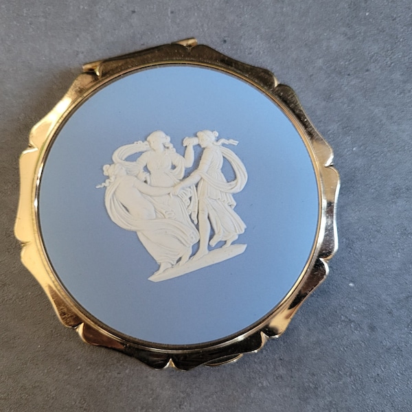 Wedgwood Stratton Compact Box with Mirror - Three Muses Light Blue White Relief, Made in England
