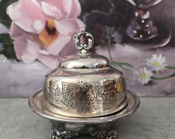 Plato de plata con tapa abovedada - Plato vintage chapado en plata con grabado floral, regalo para anfitriona, decoración de cocina