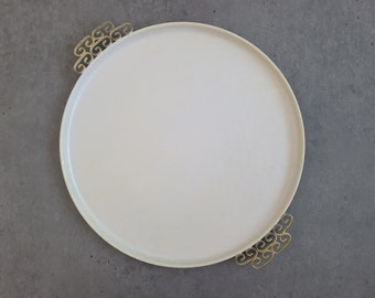 Vintage Kyes Moire Glaze Tray with Handles - Mid-Century Modern Brass White Enamel, MCM Cocktail Tray, Made in Pasadena California