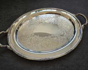 Vintage Oval Serving Tray - Large International Silver Plated Camille Tray with Handles and Floral Border