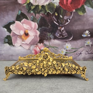 Vintage Matson Tray - Gold Ormolu Roses Vanity Tray, Small Perfume Tray, Wedding Flat Lay Photo Prop, Office Letter Tray