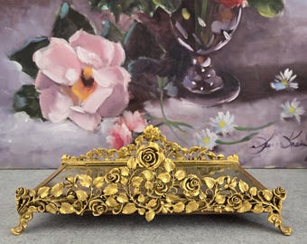 Bandeja Matson Vintage - Bandeja de tocador con rosas de bronce dorado, bandeja pequeña para perfumes, accesorio para fotos de boda, bandeja para cartas de oficina