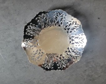 Vintage Round Dish - Small Silver Plated Bowl with Ornate Border, Candy Dish, Catch-All Ring Dish, Made in Germany