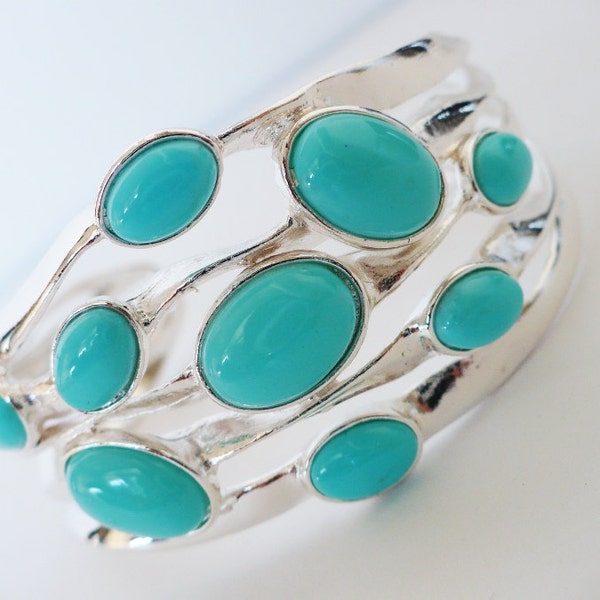 Silver Turquoise Cuff - Bracelet Wide Statement  Elegant Jewelry Aqua Tiffany Robin Blue Egg Rare Resort Summer Graduation Gift Bridal Teal