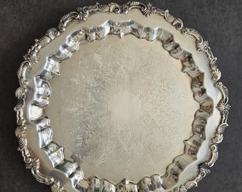 Vintage Round Ornate Tray - Large Footed Silver Drinks Platter, Drinks Tray, Silverplated Display Silver Plated Tray
