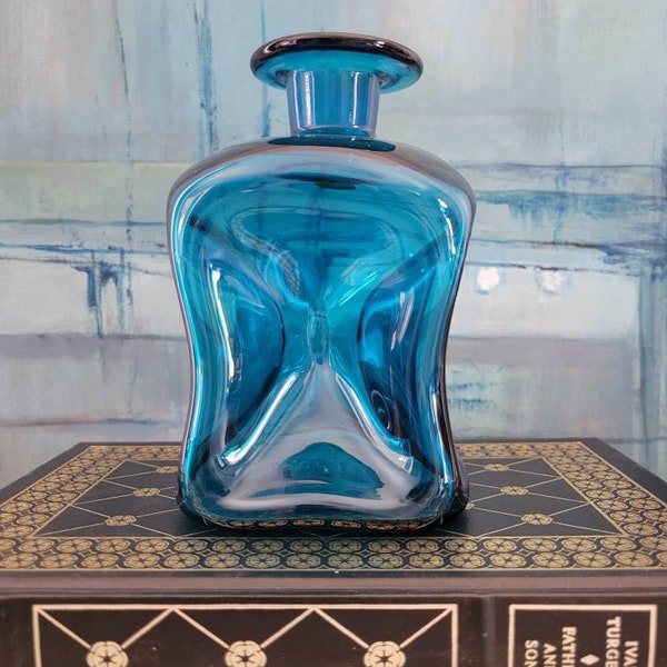 Holmegaard Kluk Kluk Blue Decanter, Turquoise Glass Bottle, Mid-Century Modern Scandinavian Glass Art