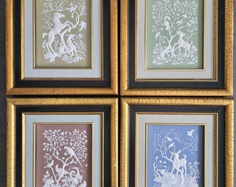 Juego de cuatro placas de pared de porcelana Franklin Mint con el diseño de las cuatro estaciones de la naturaleza, edición limitada de 1977. Arte de edición limitada esculpido en mármol pariano enmarcado.