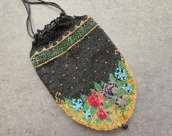 Antique Beaded Purse - Floral Rose Handbag Black Micro Beads, Hand Made Bag