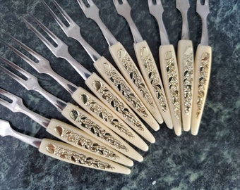 Mid-Century Modern Appetizer Forks Set of 11 - Vintage Gold Plastic Handle & Stainless  Small Forks, Cocktail Forks, Japan