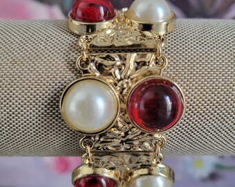 Vintage Bracelet with Red Acrylic and Faux Pearls -1980's Gold-Tone Mogul Style Bracelet