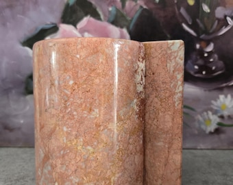 Par de sujetalibros de piedra rosa - Sujetalibros grandes tallados, estilo MCM semicircular