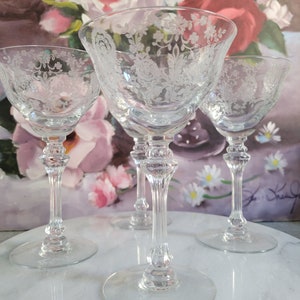 Tiffin June Night Champagne Coupe Glasses - Vintage Floral Etched Crystal Cocktail Glasses, Wine Stemware Set, Bride Groom Toasting