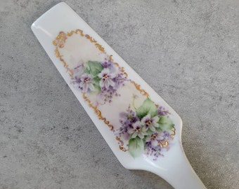 Vintage Porcelain Cake Server - Hand Painted Floral Pie Trowel, White Purple Violets Gold Ceramic Dessert Server