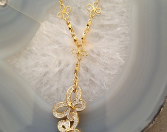 Vintage Swarovski Necklace -Butterfly and Floral Gold-Tone Necklace with Clear Crystals