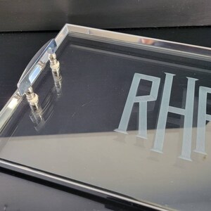 Vintage Glass Serving Tray with Metal Handles - Engraved RHP Drinks Tray, Cocktail Tray
