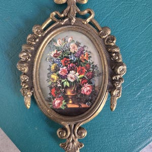 Vintage Italian Wall Art Print - Small Baroque Gold Metal Frame, Floral Print,  Made in Italy