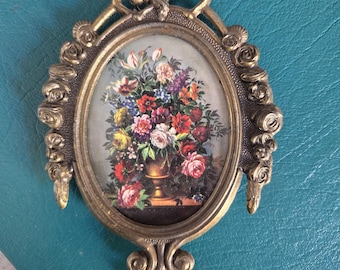 Vintage Italian Wall Art Print - Small Baroque Gold Metal Frame, Floral Print,  Made in Italy