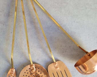 Copper Ustensils Set of 4 with Hanging Bar - Vintage Kitchen Tools Set Wall Hanging, Brasss Copper Large Skimmer Ladle Fork Spoon Spatula