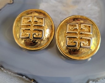 Vintage Givenchy Earrings - 4G Monogram Logo Round Clip On Gold-Tone Earrings, 1980's Designer Runway Jewelry