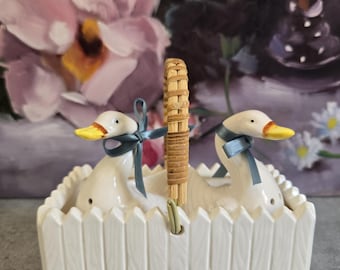 Vintage Geese Ceramic Salt Pepper Shakers in Basket - White and Blue Cottage Decor