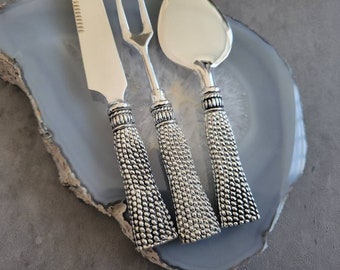 Tassel Cheese Knives and Fork Set of 3 - Silver Handle, Vintage Knife Set, Hostess Gift