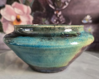 Raku Ceramic Bowl - Signed Turquoise Blue Glaze, Brown Earthy Tones, Black Bottom Artisan Pottery Hand Crafted, Pottery Studio