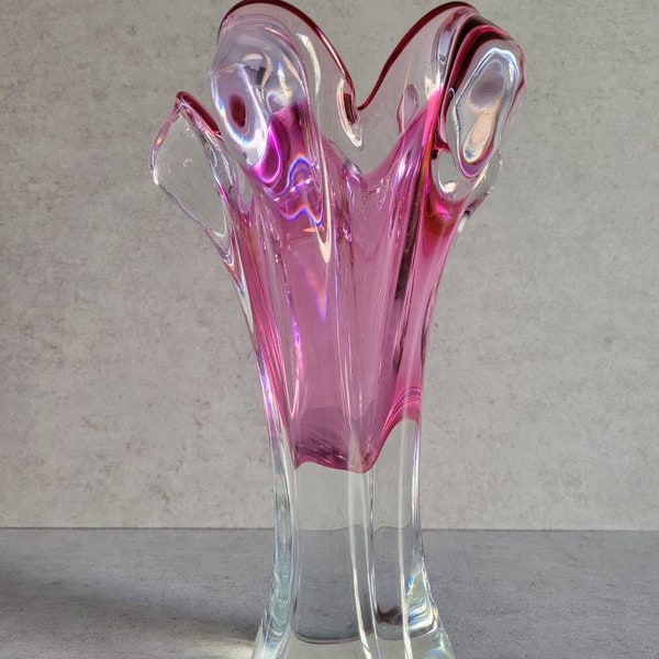 Josef Hospodka Chribska Vase - Czech Bohemian Pink  Cranberry Ruffle Vase, Mid-Century Modern Glass Art, MCM Decor