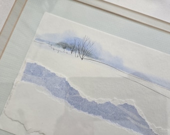Vintage Winter Traces Painting Collage Framed, Winter Watercolor Landscape Mixed Media, Signed Hand Painted Art Wood Frame