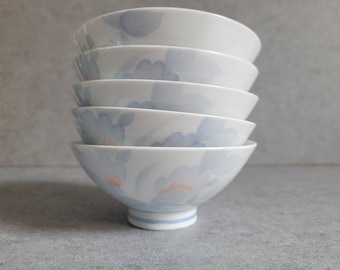 Vintage Floral Rice Bowls  - Set of 5 Blue and White Porcelain Soup Bowls, Japanese Cups, Blossom Floral Cups