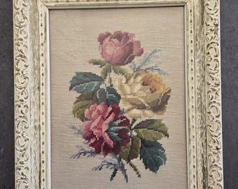 Vintage Roses Needlepoint Wall Art with White Wood Frame - Floral Cross Stitch, Petit Point Cottage Style Wall Decor