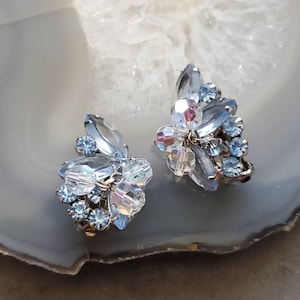 Vintage Blue Rhinestone Earrings with Dangle Glass Beads, 1960&#39;s Clip-On Earrings