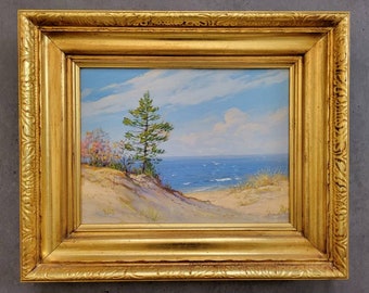 Charles Vickery Original Seascape Oil Painting - Vintage Small Framed Shoreline Painting on Board, Nautical Beach Cottage Decor