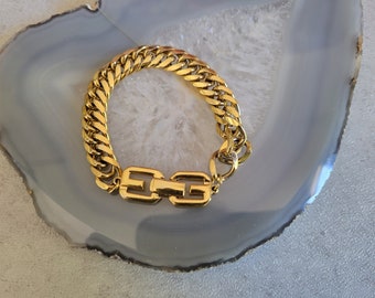 Vintage Givenchy Bracelet - Logo Gold Tone Chain, 1980s Statement Bracelet