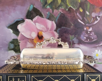 Vintage Butter Dish with Cover and Glass Dish - Silver Plated Finial Ornate Butter Dish, Hostess Gift