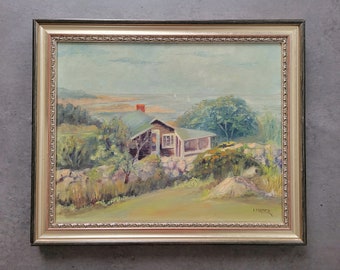 Cape Anne Oil Painting by Irene Mader -Vintage Original Framed Painting on Canvas, Nautical Beach Beach Cottage Art, Silver Ornate Frame