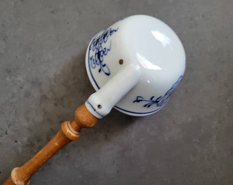 Antique Meissen Blue Onion Porcelain Soup Ladle with Wood Handle, Made in Germany, White and Blue Floral Design