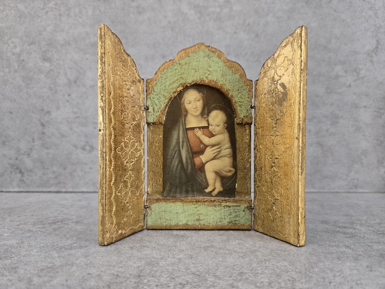 Vintage Wood Triptych Italian Florentine Gold Gilt Virgin Mary and ...