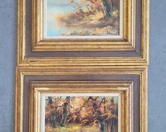 Pair of Oil Painting on Canvas Framed, Fall Landscape Painting, Vintage Hand Painted Autumn Painting Oil, Gold Brown Frame