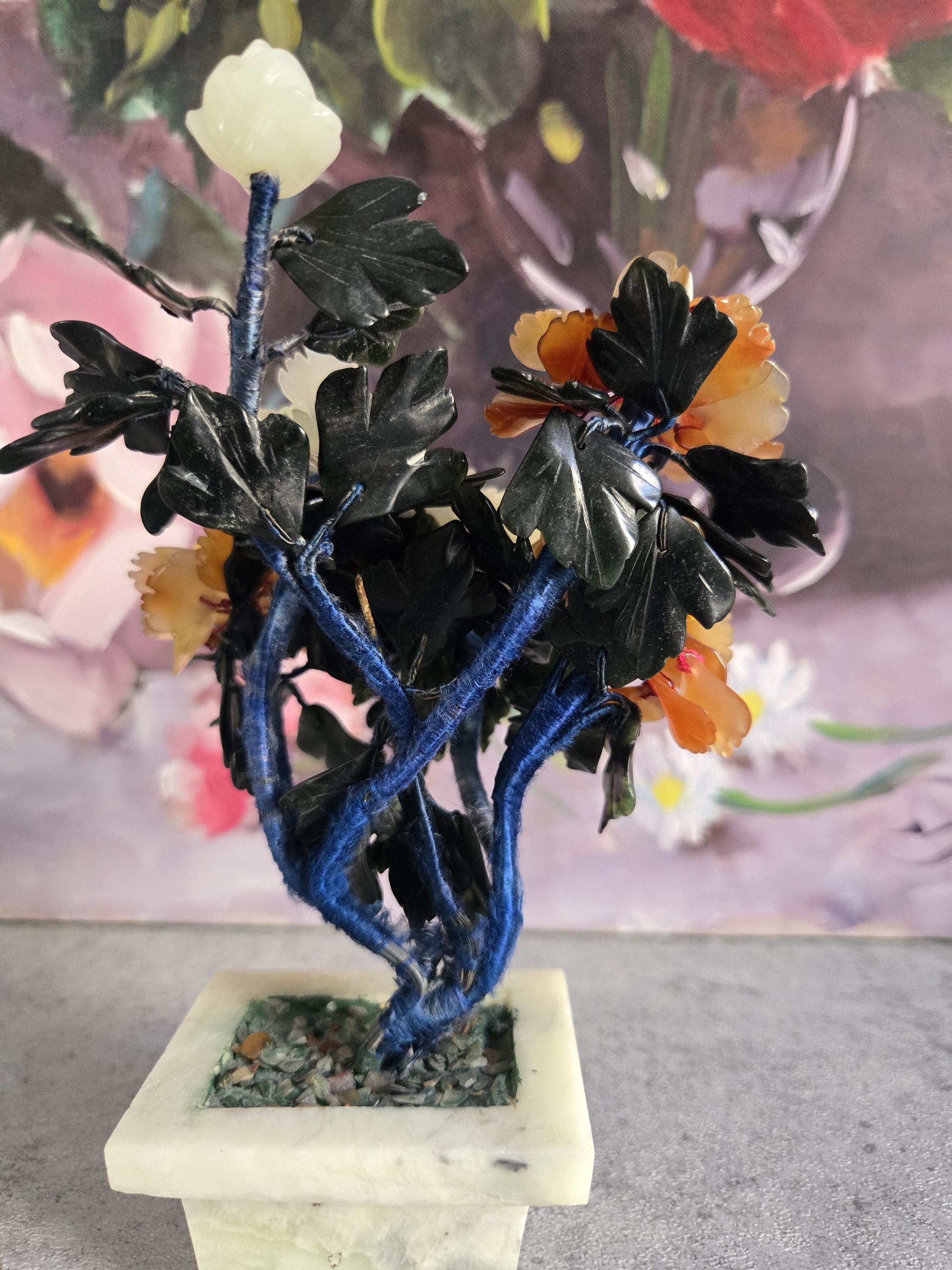 Vintage Floral Sculpture With Carved Base - Jade Flowers and