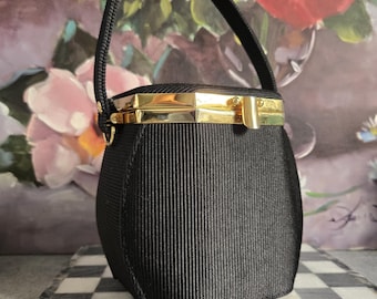 Vintage Structured Black Purse  - Black Fabric Box Handbag with Handle