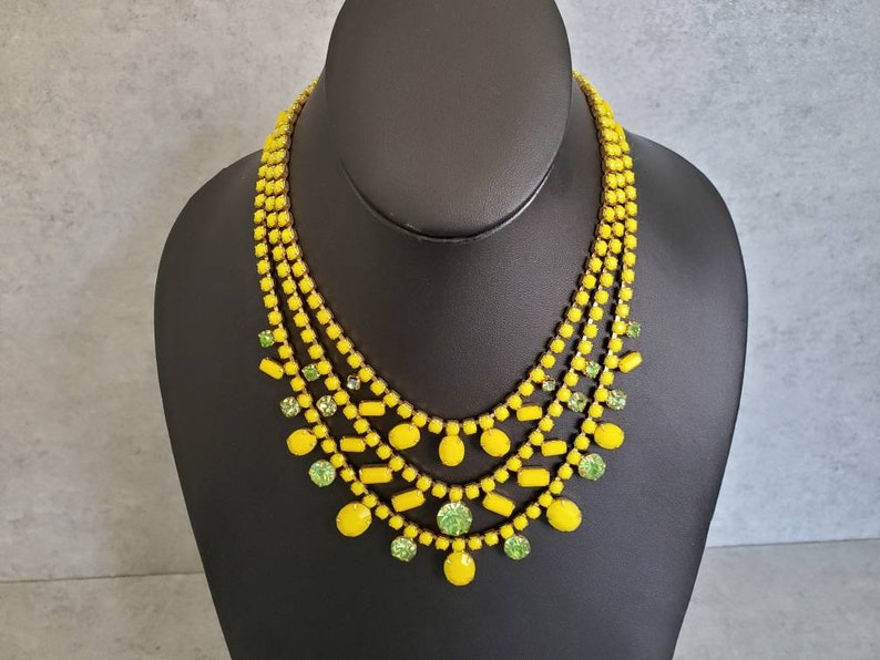 Multi-Strand Green Rhinestone Necklace Luxury Gift for Her Vintage Bib Necklace WEISS Yellow Necklace