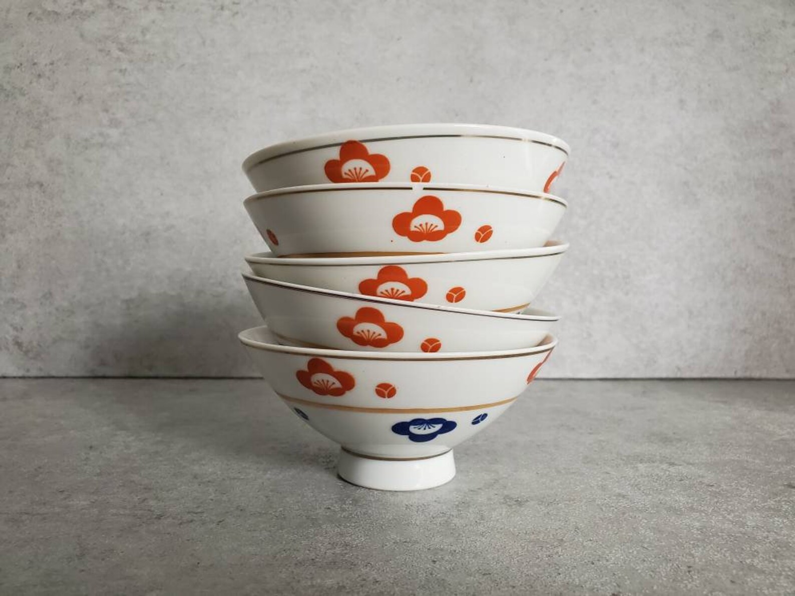 Asian Soup Bowls Vintage Blue and Red Floral Porcelain Soup Etsy