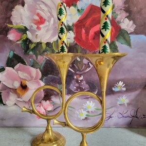 Vintage Horn Brass Candlesticks Set of 2 - Pair of Christmas Pair of Candlestick Decorations, Holiday Mantle Table Decor, Hostess Gift