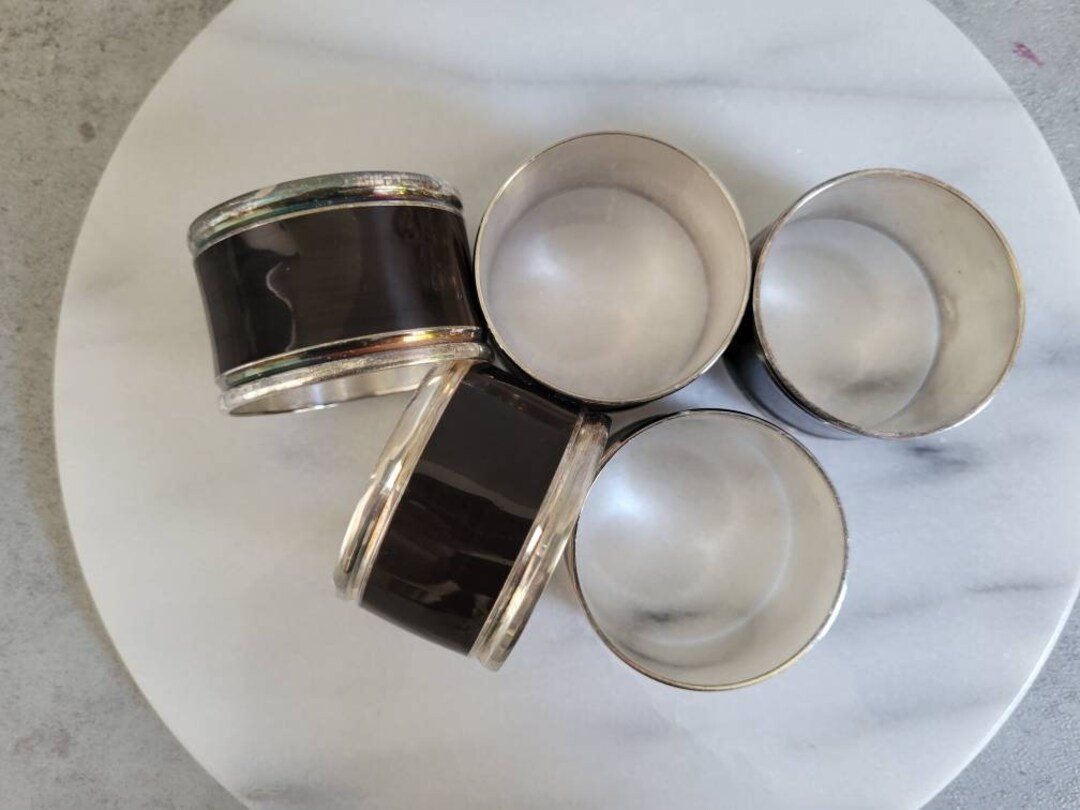 Black Napkin Ring Set of 5 Vintage Round Silver Rings Table Decor, Holiday Napkin Rings, Festive
