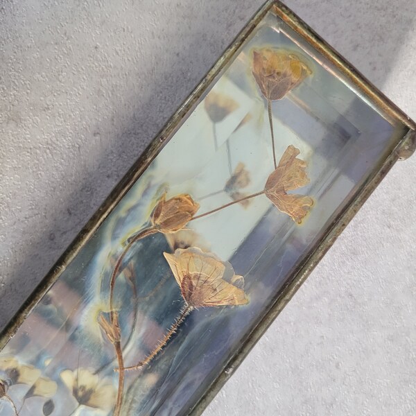 Vintage Glass Box for Jewelry, Trinkets- Rectagular Clear, Mirrored, Pressed Flowers, Metal Glass Casket, Display Case Decorative Case