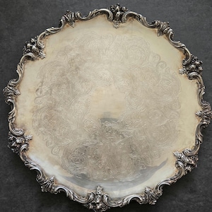 Vintage Large Round Tray - Ornate Webster Wilcox International Silver Platter, Drinks Tray, 1965 Silverplated Display Silver Plated Tray