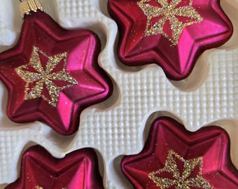 Christmas Pink Glass Ornaments -  Vintage Star Glitter Ornaments, Set of 4,  Christmas Tree Decorations