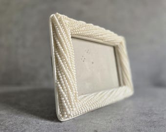 Vintage Wedding Photo Frame - Faux Pearl Beaded Strands White 3.5" x 5", Grandmillennial Style Table Shelf Decor, Picture Frame